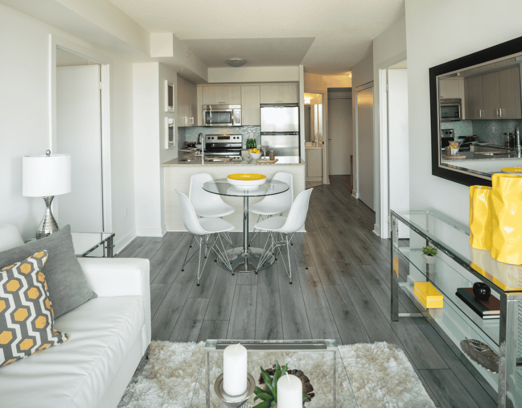 Spacious and modern purpose-built rental apartment managed by Calgary Property Management, featuring open-concept living, contemporary decor, and luxury finishes.